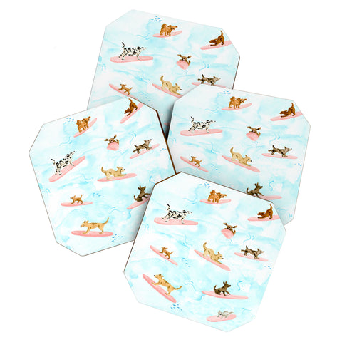 Sabina Fenn Illustration Dogs Surfing Blue Coaster Set