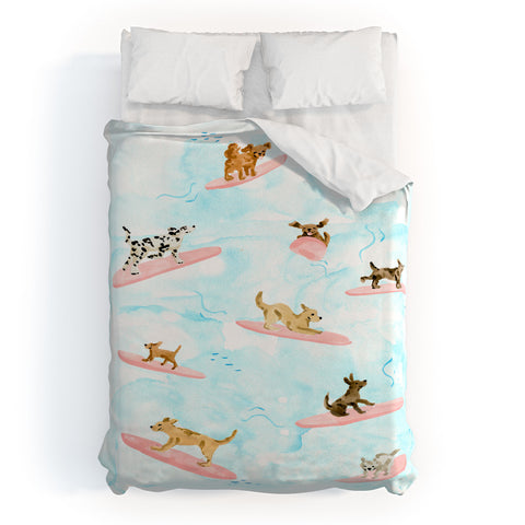 Sabina Fenn Illustration Dogs Surfing Blue Duvet Cover