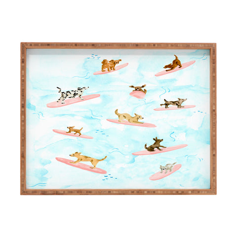 Sabina Fenn Illustration Dogs Surfing Blue Rectangular Tray