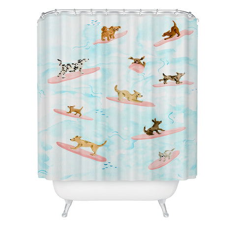 Sabina Fenn Illustration Dogs Surfing Blue Shower Curtain
