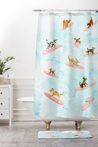 Sabina Fenn Illustration Dogs Surfing Blue Shower Curtain And Mat