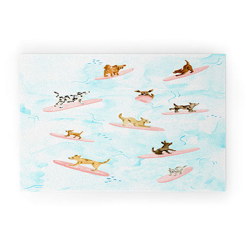 Sabina Fenn Illustration Dogs Surfing Blue Welcome Mat