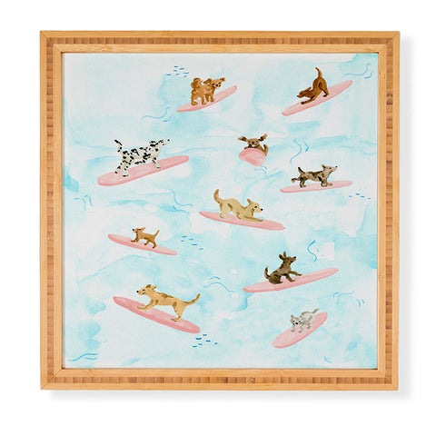 Sabina Fenn Illustration Dogs Surfing Blue Framed Wall Art