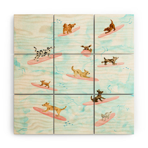 Sabina Fenn Illustration Dogs Surfing Blue Wood Wall Mural