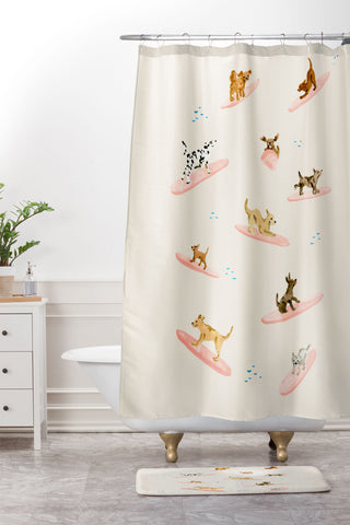 Sabina Fenn Illustration Dogs Surfing Shower Curtain And Mat