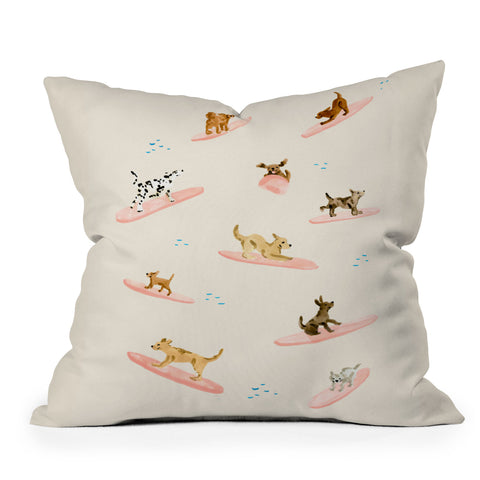 Sabina Fenn Illustration Dogs Surfing Outdoor Throw Pillow