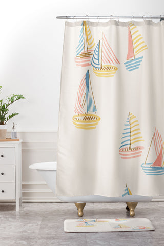 Sabina Fenn Illustration Striped sailboats Shower Curtain And Mat