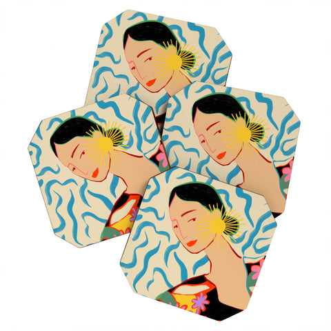 sandrapoliakov SMILING WOMAN AND SUNSHINE Coaster Set