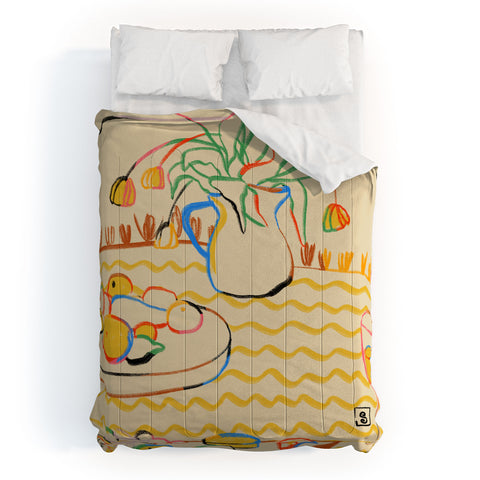 sandrapoliakov YELLOW TULIPS WINE AND CHEESE Comforter