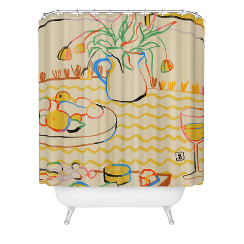 sandrapoliakov YELLOW TULIPS WINE AND CHEESE Shower Curtain