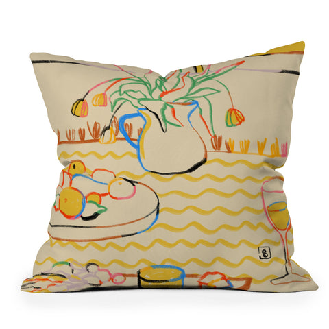 sandrapoliakov YELLOW TULIPS WINE AND CHEESE Outdoor Throw Pillow