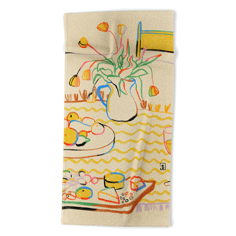 sandrapoliakov YELLOW TULIPS WINE AND CHEESE Beach Towel