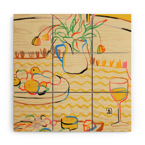 sandrapoliakov YELLOW TULIPS WINE AND CHEESE Wood Wall Mural