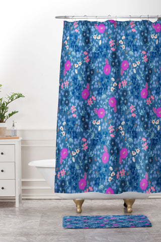 Schatzi Brown Audrey Floral Blue Shower Curtain And Mat