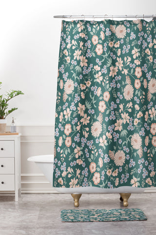 Schatzi Brown Audrey Floral Green Shower Curtain And Mat