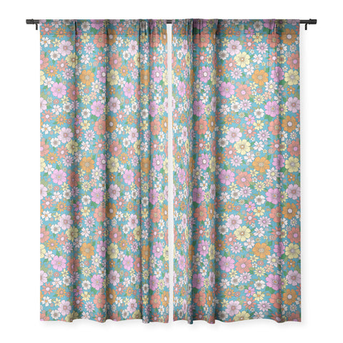 Schatzi Brown Betty Floral Turquoise Sheer Window Curtain