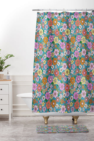 Schatzi Brown Betty Floral Turquoise Shower Curtain And Mat