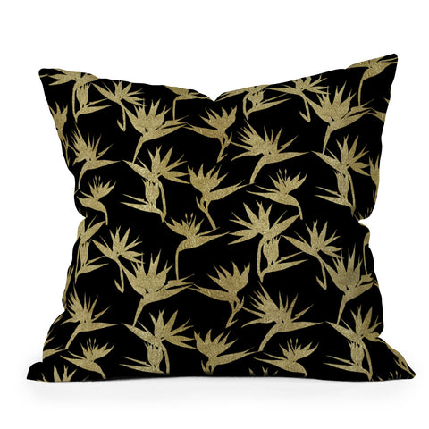 Schatzi Brown Bird of Paradise Black Gold Outdoor Throw Pillow