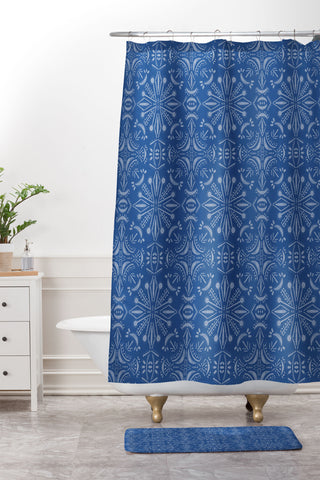Schatzi Brown Boho Moons Blues Shower Curtain And Mat