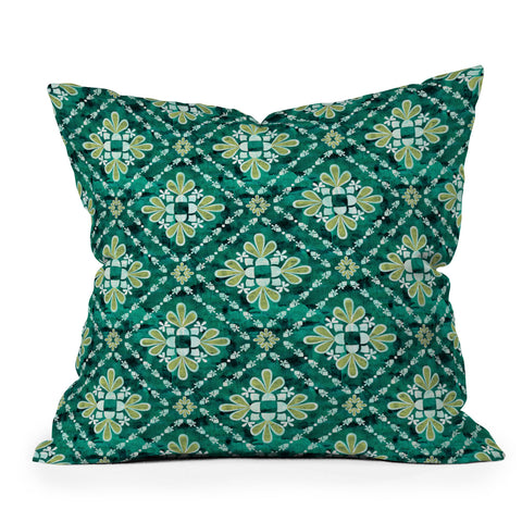 Schatzi Brown Boho Tile Green Outdoor Throw Pillow