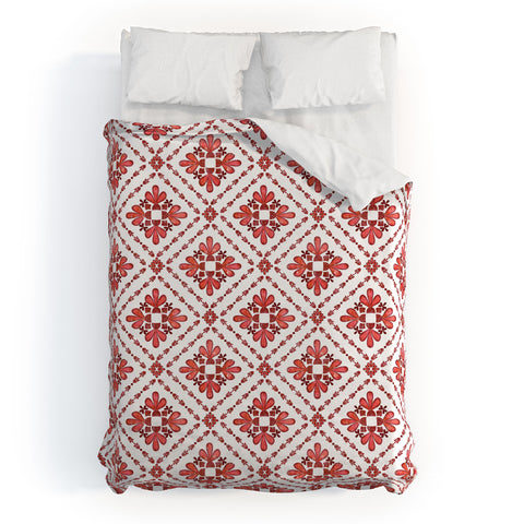 Schatzi Brown Boho Tile Red White Duvet Cover