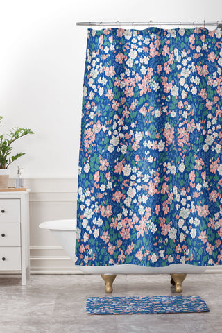 Schatzi Brown Brooke Ditsy Floral Blue Shower Curtain And Mat