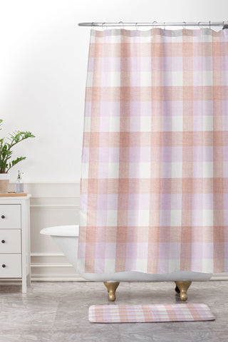 Schatzi Brown Buffalo Plaid Blush Pink Shower Curtain And Mat