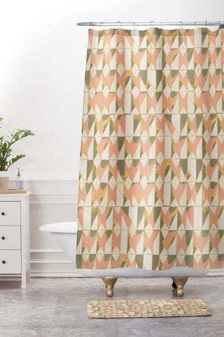 Schatzi Brown Canson Geometric Olive Peach Shower Curtain And Mat