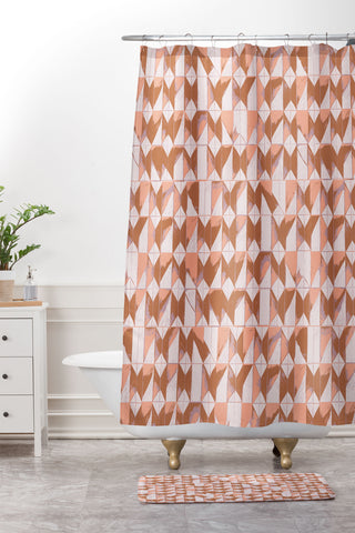 Schatzi Brown Canson Geometric Peach Brown Shower Curtain And Mat
