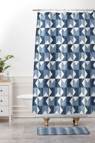 Schatzi Brown Denim Geo Quilt Shower Curtain And Mat