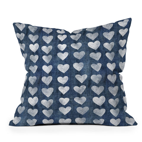 Schatzi Brown Heart Stamps Denim Outdoor Throw Pillow