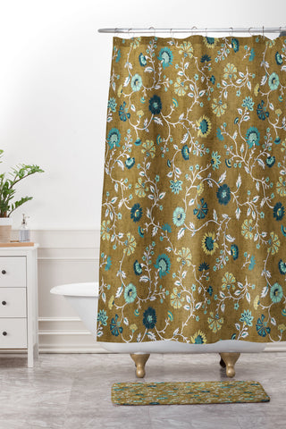 Schatzi Brown Jaipur Olive green Shower Curtain And Mat