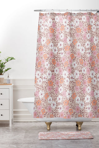 Schatzi Brown Jirra Floral Pink Shower Curtain And Mat