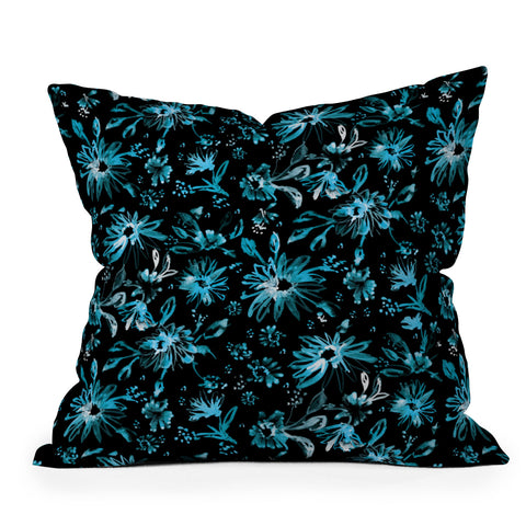 Schatzi Brown Lovely Floral Black Turquoise Outdoor Throw Pillow