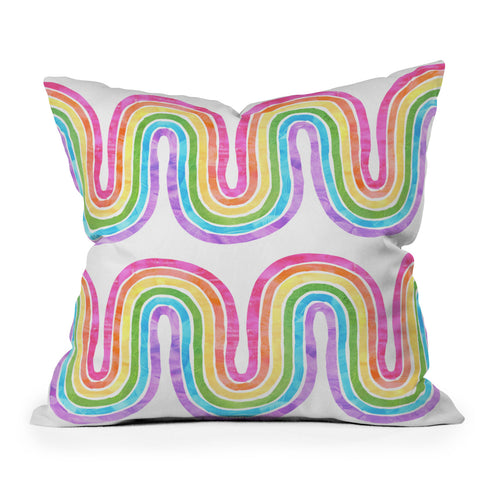 Schatzi Brown Rainbow Wave White Outdoor Throw Pillow