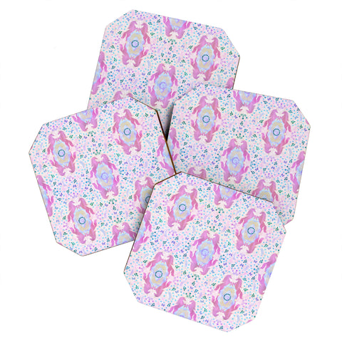 Schatzi Brown Unicorn Damask Pink Coaster Set