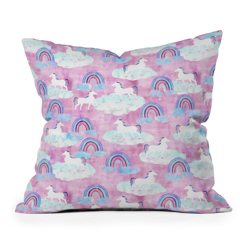 Schatzi Brown Unicorns and Rainbows Pink Outdoor Throw Pillow