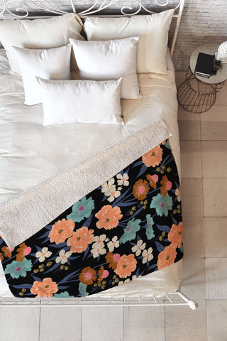 Schatzi Brown Whitney Floral Black Fleece Throw Blanket