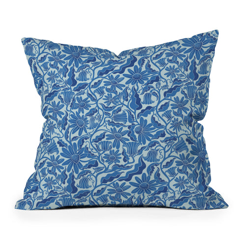 Sewzinski Monochrome Florals Blue Outdoor Throw Pillow