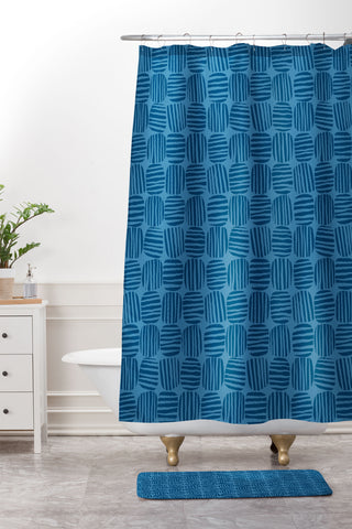 Sewzinski Striped Circle Squares Blue Shower Curtain And Mat
