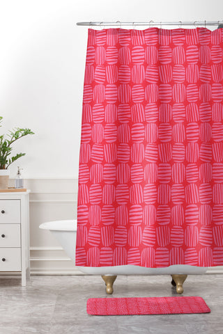 Sewzinski Striped Circle Squares Pink Shower Curtain And Mat