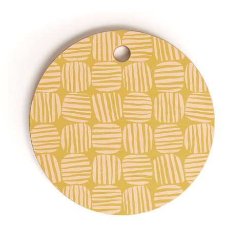 Sewzinski Striped Circle Squares Yellow Cutting Board Round