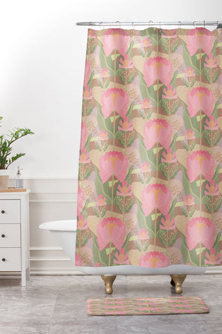 Sewzinski Water Lilies Pattern Pink Shower Curtain And Mat