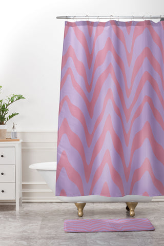 Sewzinski Wavy Lines Pink Purple Shower Curtain And Mat