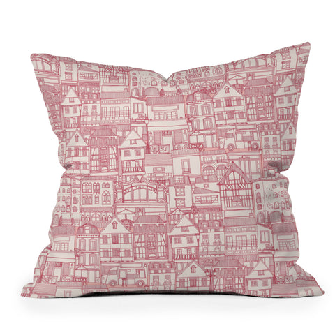 Sharon Turner cafe buildings pink Outdoor Throw Pillow