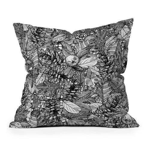 Sharon Turner forest floor black white Outdoor Throw Pillow
