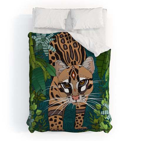 Sharon Turner ocelot jungle teal Duvet Cover