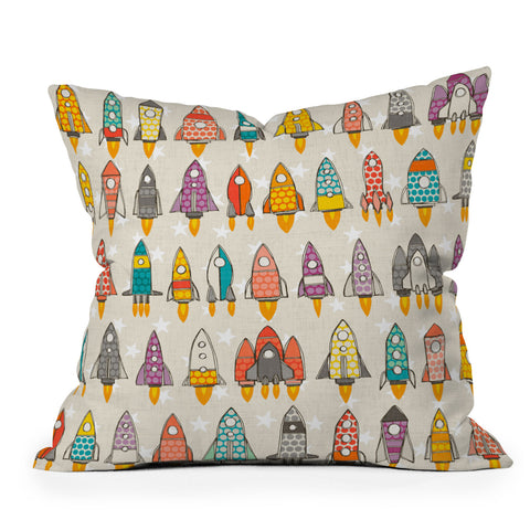 Sharon Turner retro rockets eggshell Outdoor Throw Pillow