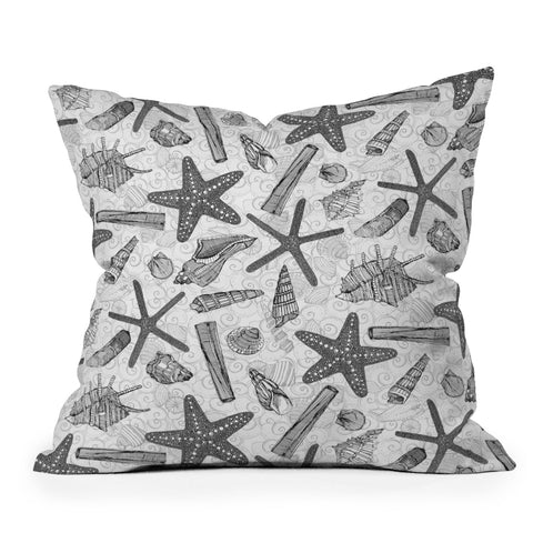 Sharon Turner seashells and starfish mono Outdoor Throw Pillow