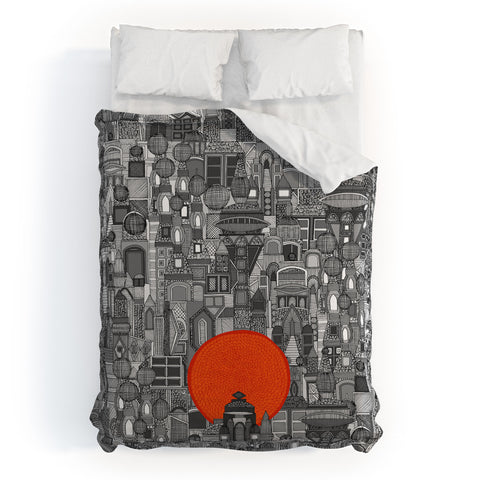 Sharon Turner space city red sun Duvet Cover